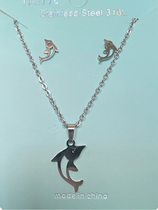 Jewelry - Stainless Steel Silver Tone Dolphin Pendant Necklace & Earrings Set